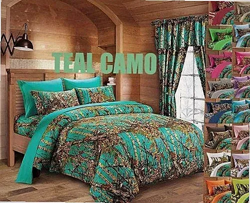 3 PC TEAL CAMO COMFORTER BED SPREAD KING CAMOUFLAGE BLUE GREEN HUNT WOODS