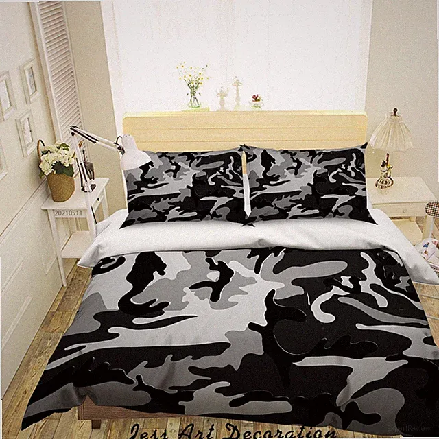 3D Black Gray Camouflage Texture Quilt Cover Set Bedding Sets Pillowcases Queen