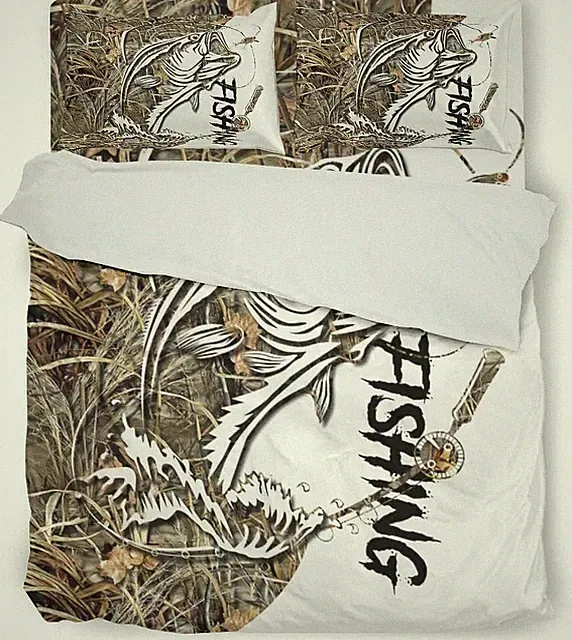4 Piece BASS FISHING Duvet Bedding Set, TWIN Camouflage Bed Sheet Kids Coverlet