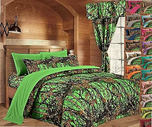 9 PC FULL SIZE BIOHAZARD GREEN CAMO COMFORTER, SHEETS AND PILLOWCASES!!