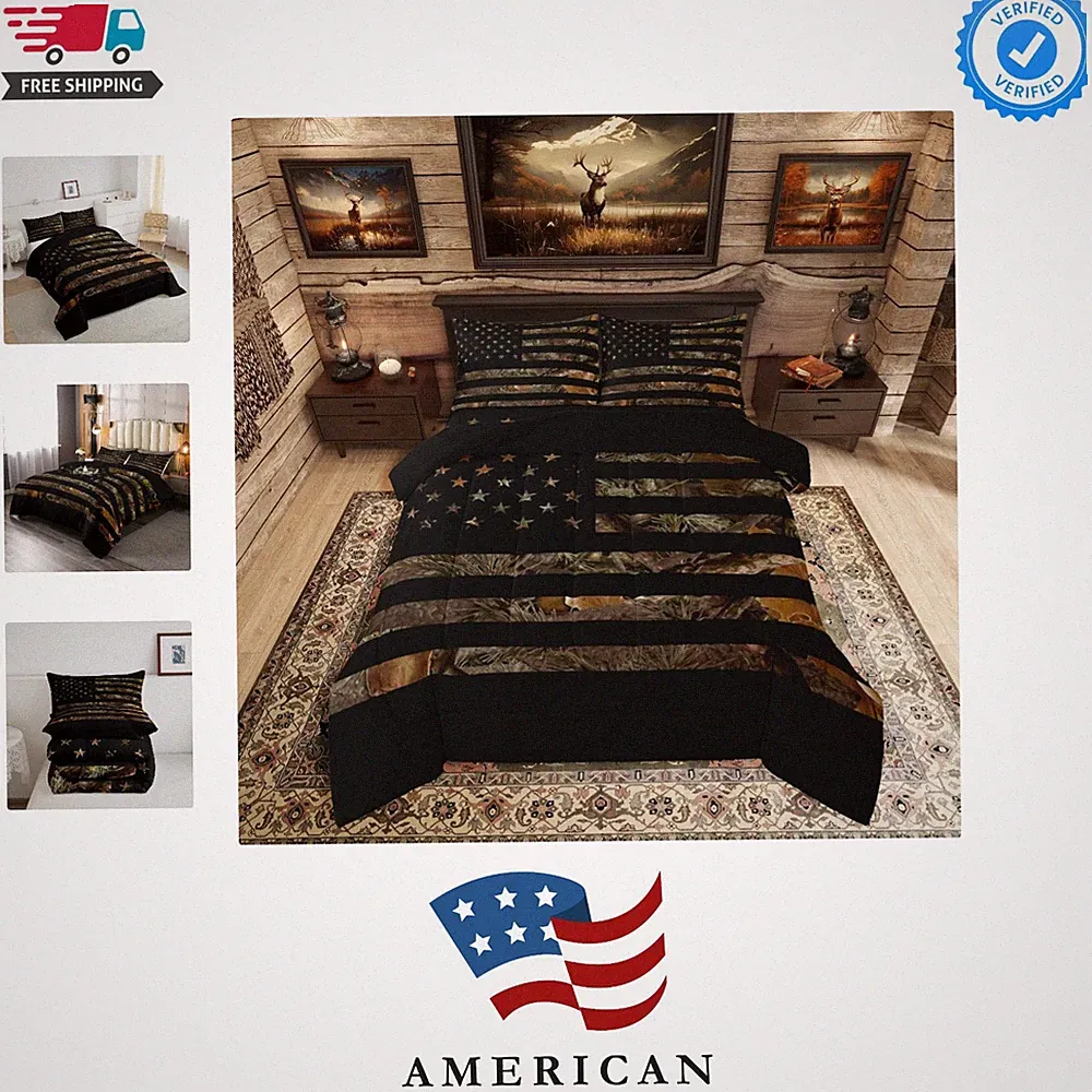 American Flag Camo Bedding Set Rustic Tree Leaves Camouflage Comforter Set Tw...