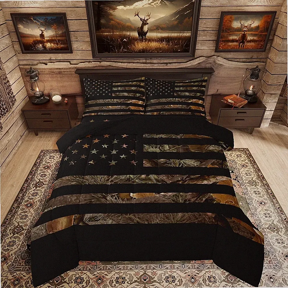 American Flag Camo Comforter Set Queen,Military Hunting Bedding Set Rustic Trees