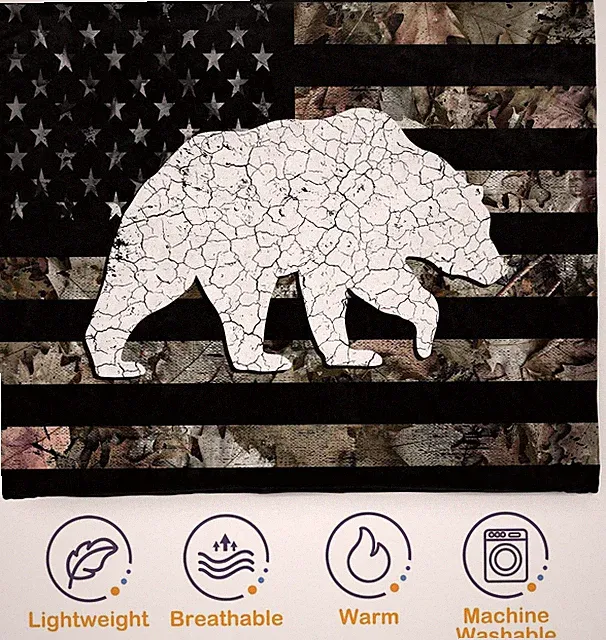 Camo American Flag Bear Fleece Throw Blanket Camouflage Soft 80"x60" Camo 80x60