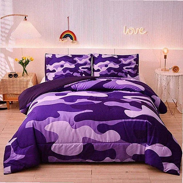 Camo Twin Bedding Set Purple Camouflage Comforter Set, 3 PCS One Comforter an...