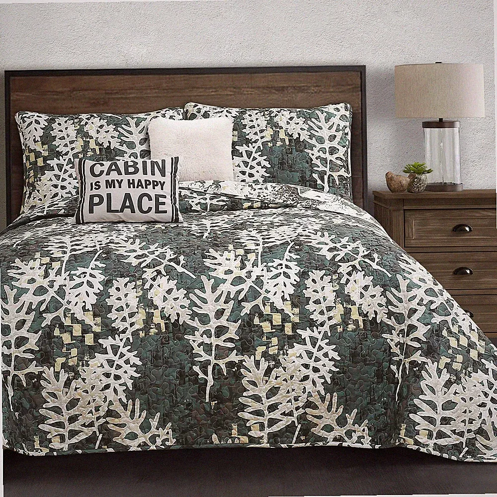 Camouflage Leaves Quilt Reversible 5 Piece Bedding Set With Wintry Cabin Deer Sc