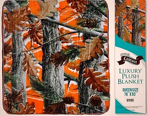 Couture Queen Size Luxury Plush Blanket 76 in X 93 in Real Oak Orange Camo Print