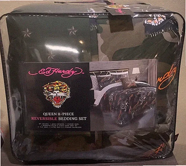 Ed Hardy Camo with Eagles & Panthers 8pc QUEEN Set Comforter,Shams,Sheets,Pillow