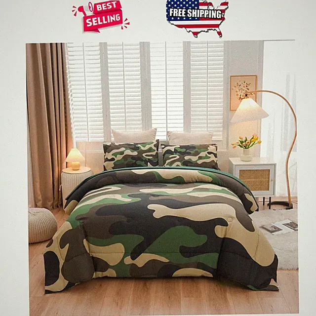 Green Camouflage Twin Bedding Set 5PC Comforter Pillow Shams Sheets Machine Wash