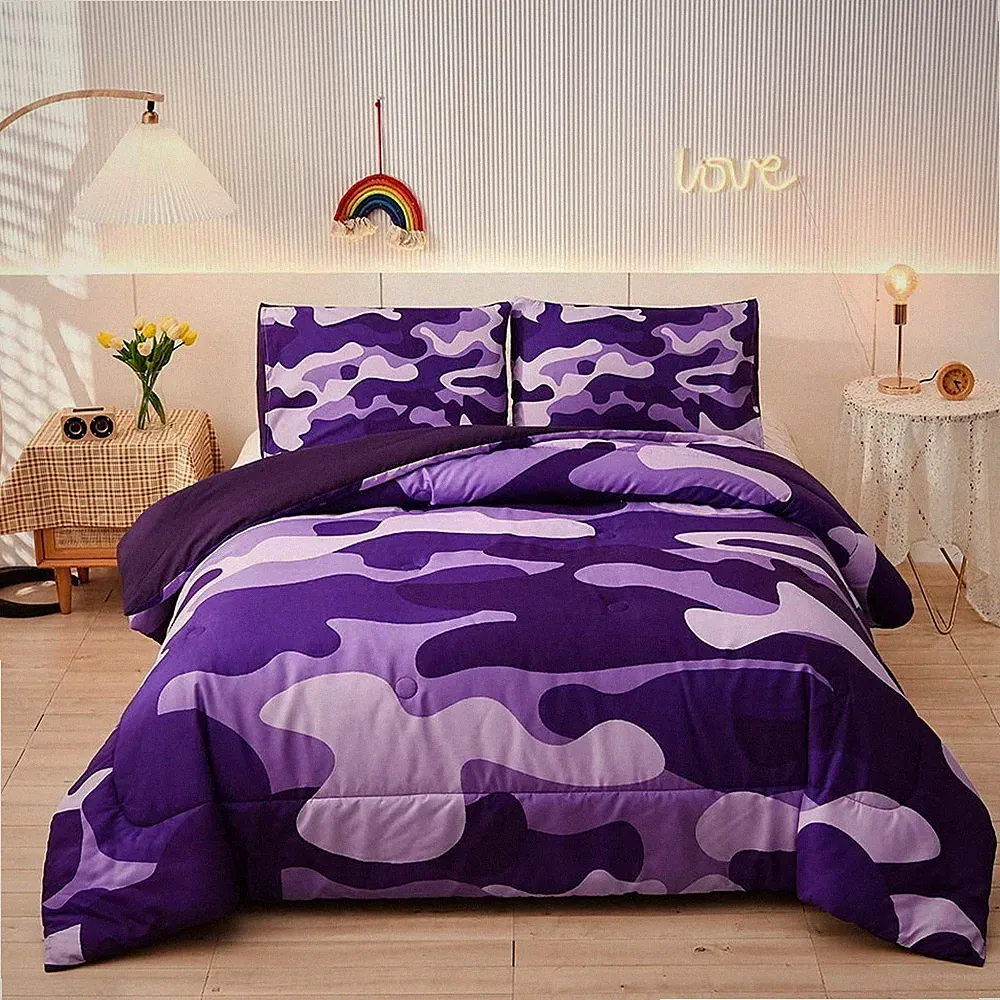 Meeting Story Camo Twin Bedding Set Purple Camouflage Comforter Set 3 PCS All Se