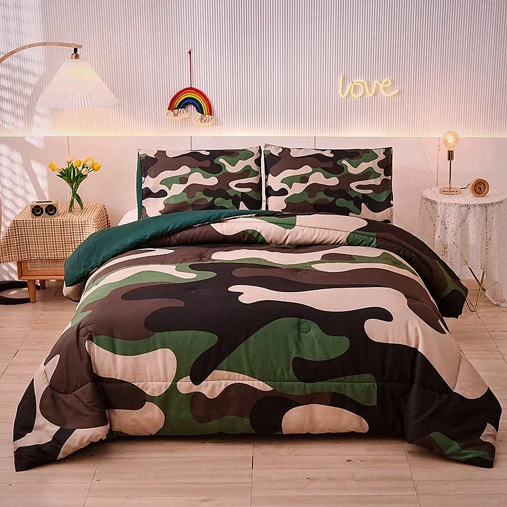Meeting Story Camouflage Bedding Set, Green Camouflage Comforter Set, 3 PCS O...