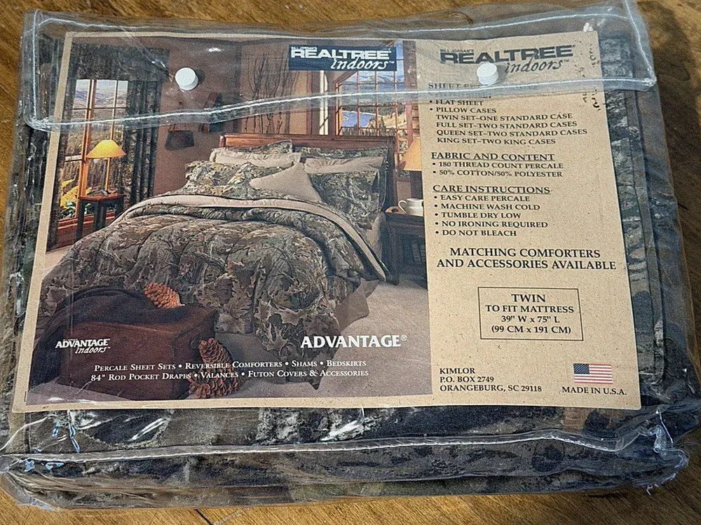 Realtree Indoors Camouflage Twin Size Sheet Set 3 Piece Camo Pecale Made USA NOS