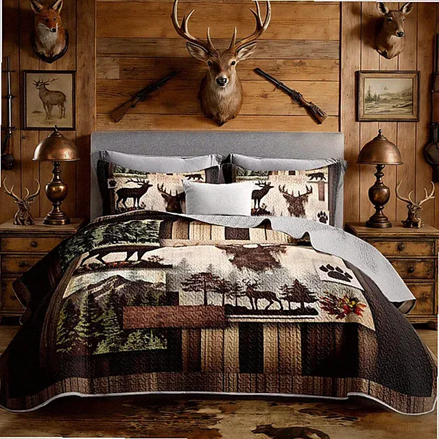 Rustic King Size Cabin Quilt Set, Camo Deer Bear Bedding, Hunting Room Decor, Pl